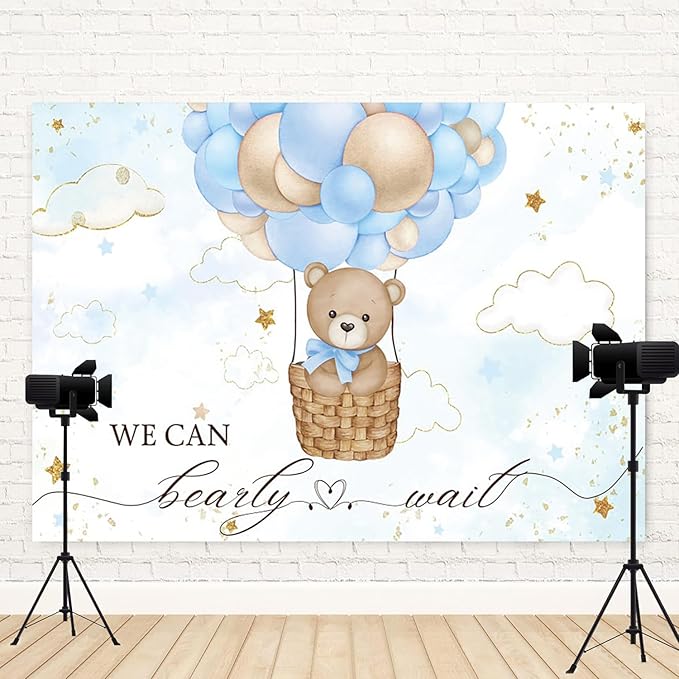 10x6.5ft Baby Shower Backdrop Bear Hot Air Balloon Photography Background Blue Brown Balloons White Cloud Glitter Gold Stars Birthday Party Banner Decorations Newborn Parties Photo Booth Prop