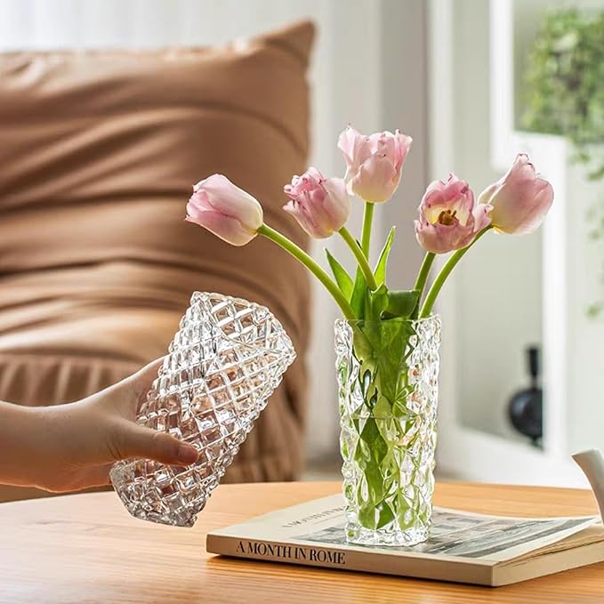 Clear Glass Vase for Flowers Esmiome Square Embossed Rectangle 6in High Glass Bud Vases Small Vase for Flowers Plant Terrarium Candle Holder Water Glasses for Wedding Centerpiece Office Table, Rhombus