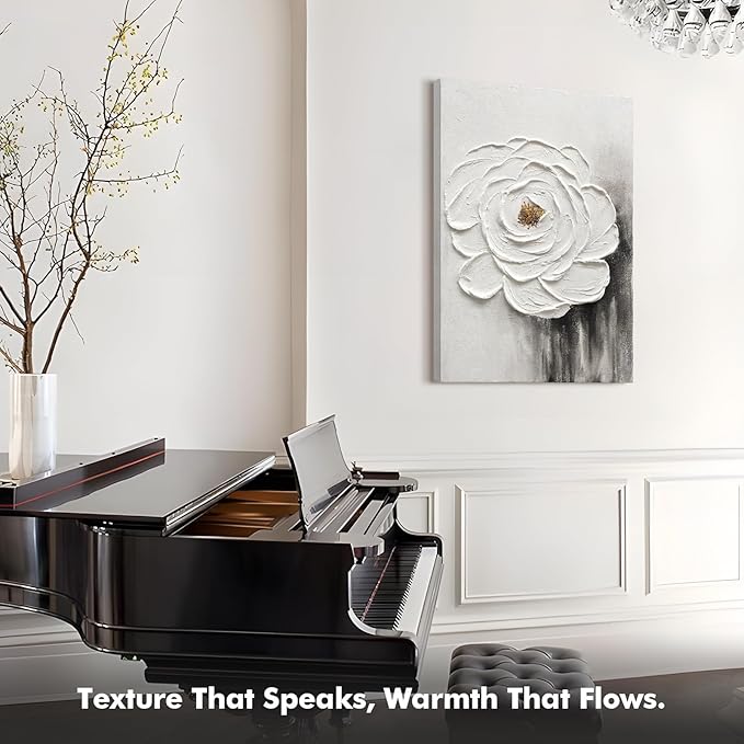 JUHOME Hand-Painted Oil Painting White Flowers Texture Black White Wall Art,3D Abstract Decorative Canvas Wall Decor, Home Office Hall Wall Decorative, 24 x 36