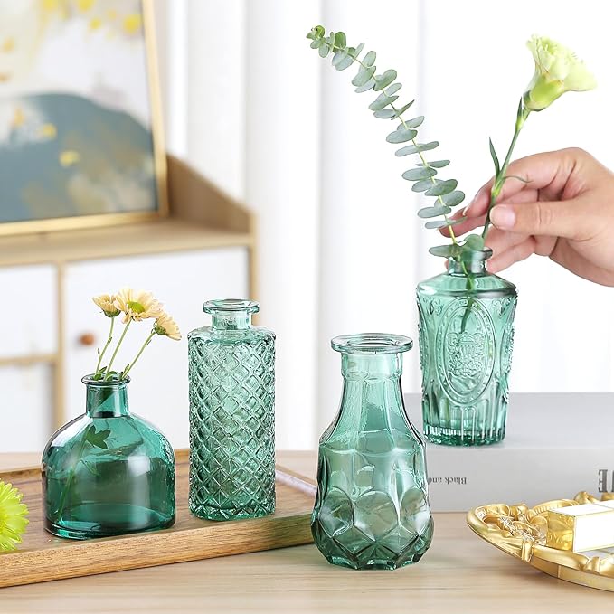 Bud Vases in Bulk 15 Pcs,Small Glass Vases for Flowers as Wedding Centerpieces for Tables,Clear Flower Vases Suitble for Wedding Decorations,Christmas,Anniversary,Birthday Party (Dark Green)