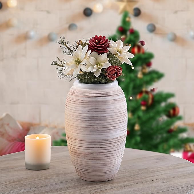 ALMA 12'' Wide Mouth Vase Home Decor, White Boho Tall Pampas Grass Vase for Table Centerpieces, Rustic Decorative Vase for Living Room, Farmhouse, Entryway, Mantel, Bookshelf