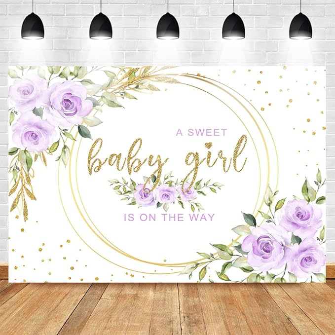 Mocsicka Floral Sweet Baby Girl Backdrop It's a Girl Baby Shower Background Watercolor Lavender Purple Floral Baby Shower Party Cake Table Decoration Photo Booth Props (10x7ft)