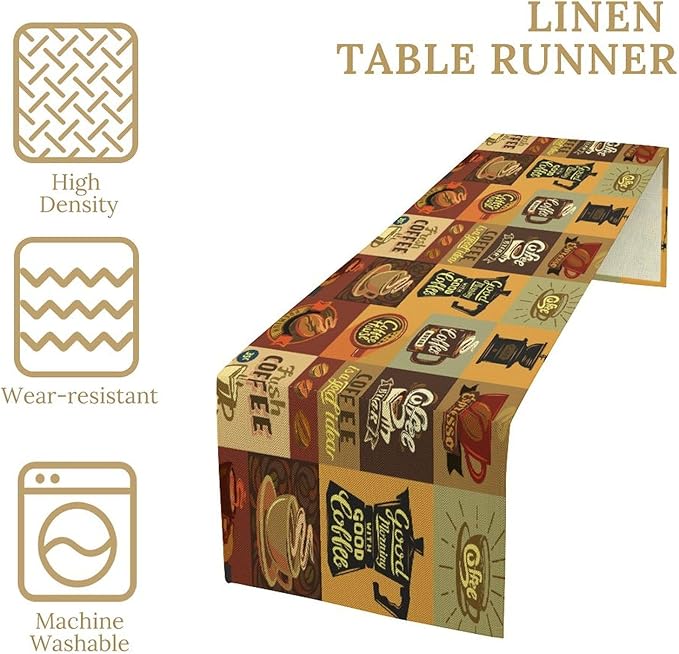 Coffee Table Runner,Vintage Style Coffee Beans Cups Theme Design Pattern Print Tablecloth Burlap for Hotel Indoors Outdoor Dining Room Kitchen Holiday Party, 13x90in
