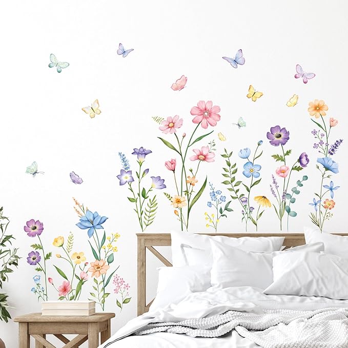 Flower Wall Decals Watercolor Wildflower Grass Butterflies Wall Stickers Peel and Stick Wall Art Decor for Girls Bedroom Living Room Home Office Wall Decor