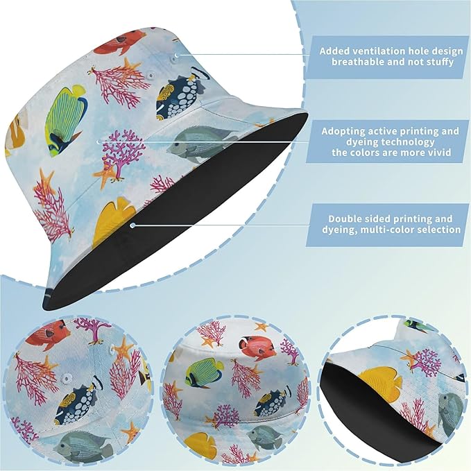 Bucket Hat for Women Men Unisex Sun Cap Packable Outdoor Fisherman Hat Headwear,Reversible Double-Side-Wear