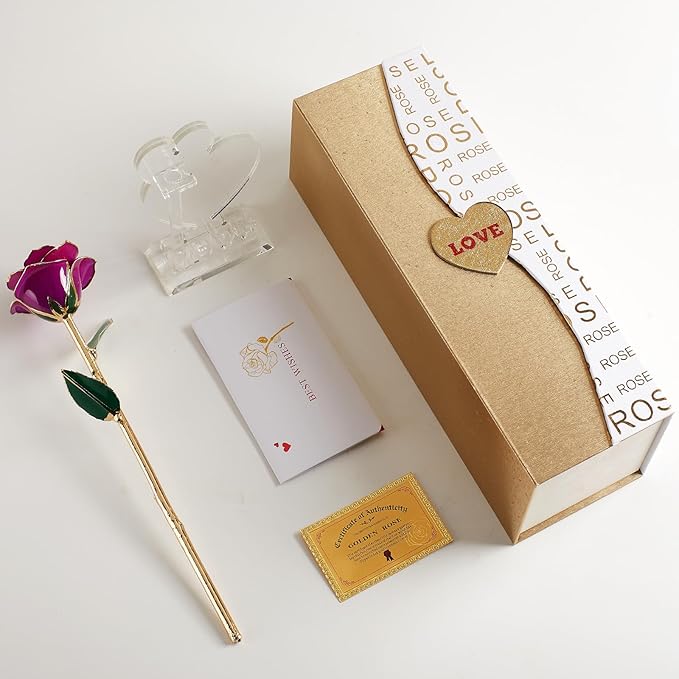 Mikasol Gold Dipped 24K Forever Preserved Rose, 1 Pack Infinity Flower Decor Hand Dipped Romantic Gift for Women in Her Wife Girlfriend Birthday Anniversary Valentines Mothers Day Christmas(Purple)