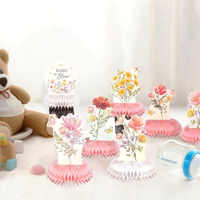 9 Pcs Wildflower Baby in Bloom Baby Shower Honeycomb Decoration Floral Flower Theme Honeycomb Table Centerpieces