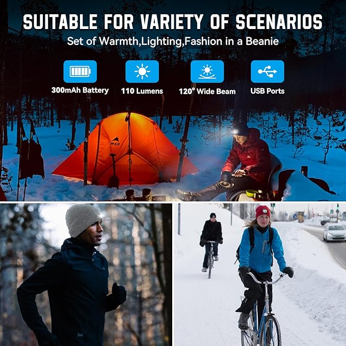 Christmas Stocking Stuffers for Men Adults, Beanie Hats with Light, USB Rechargeable LED Hand Free Headlamp, Birthday Gifts for Men, Women, and Teens, Ideal for Camping, Hiking, 2 Pack, Grey