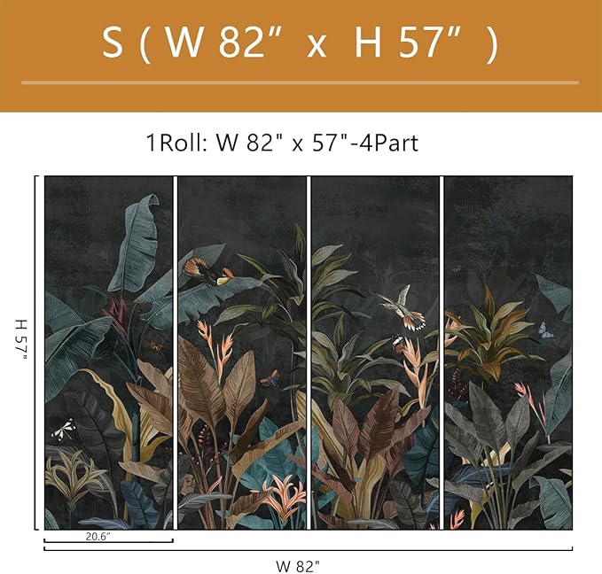 Dark Jungle Wallpaper Peel and Stick Tropical Plant Leaves Self Adhesive Mural for Living Room Bedroom 82"x57"