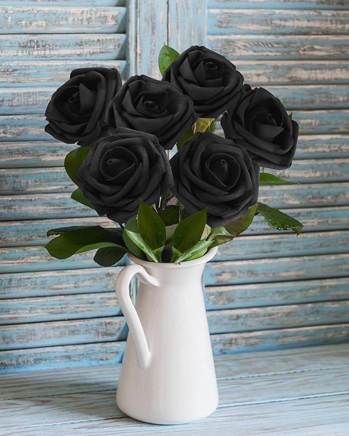 JOYLEX Artificial Flowers Realistic Roses, Real Looking Fake Roses with Stem for DIY Wedding Bouquets Centerpieces Bridal Shower Party Home Romantic Decorations (Black, Regular 3" - 200pcs)