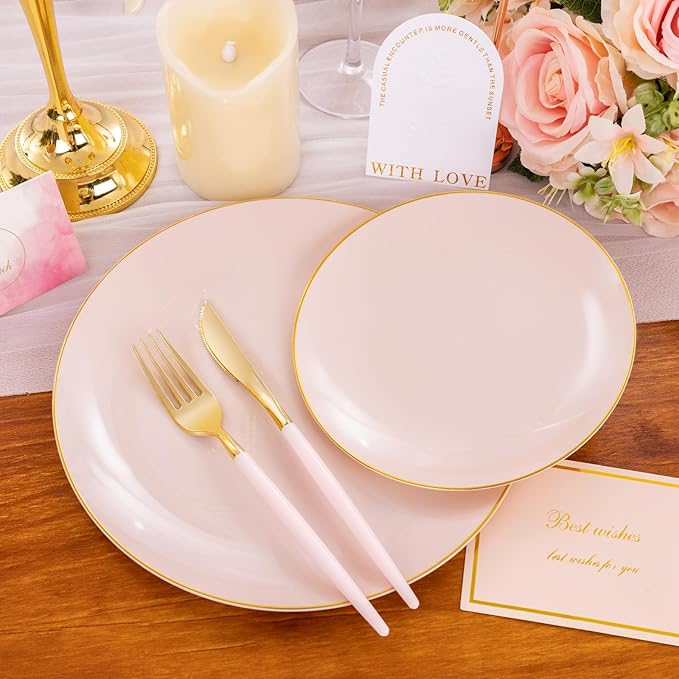 Liacere 150PCS Plastic Plates-Gold Plastic Silverware with Pink Handle - Pink Disposable Plates Include 30 Guests Plates, Forks, Spoons, Knives for Wedding＆Easter Day＆Mother's Day＆Valentine's Day