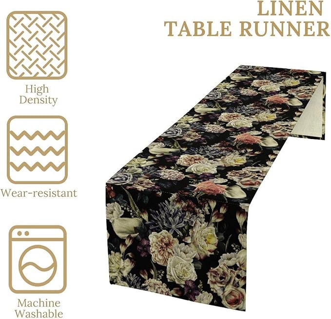 Vintage Flowers Table Runner,Black Rose Peony Gothic Floral Spring Summer Seasonal Table Runner for Home Kitchen Table Dining Indoor Outdoor Party Decor 13x108 Inch