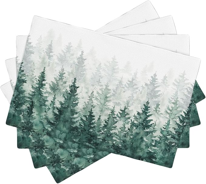 Forest Placemats, Vintage Rustic Watercolour Natural Green Misty Valley Forest Print Washable Fabric Placemats Table Kitchen Dining Party 12x18 Inch Set of 6