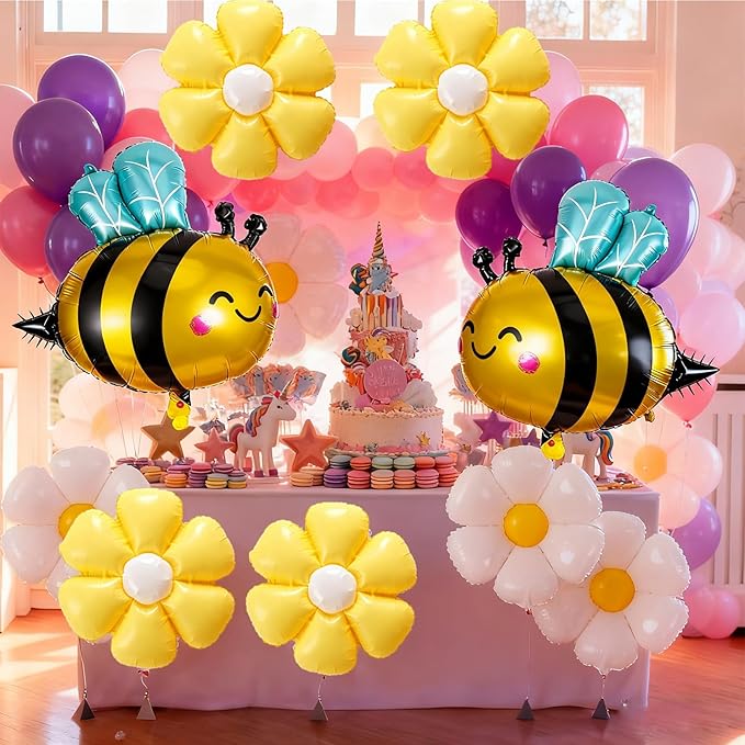 Bee Balloons Daisy Flower Balloons Set Yellow,White Daisy Flower and Bee Foil Mylar Balloons(5+5+5) for Baby Shower Gender Reveal Birthday Party Decorations Fall Bee Theme Balloon Arch Kit