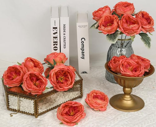 16pcs Peonies Artificial Flowers Head Red Austin Roses Vintage Burnt Flowers Silk Rose Head with Stems for DIY Flower Wedding Bouquets Centerpieces Home Decoration (Red)