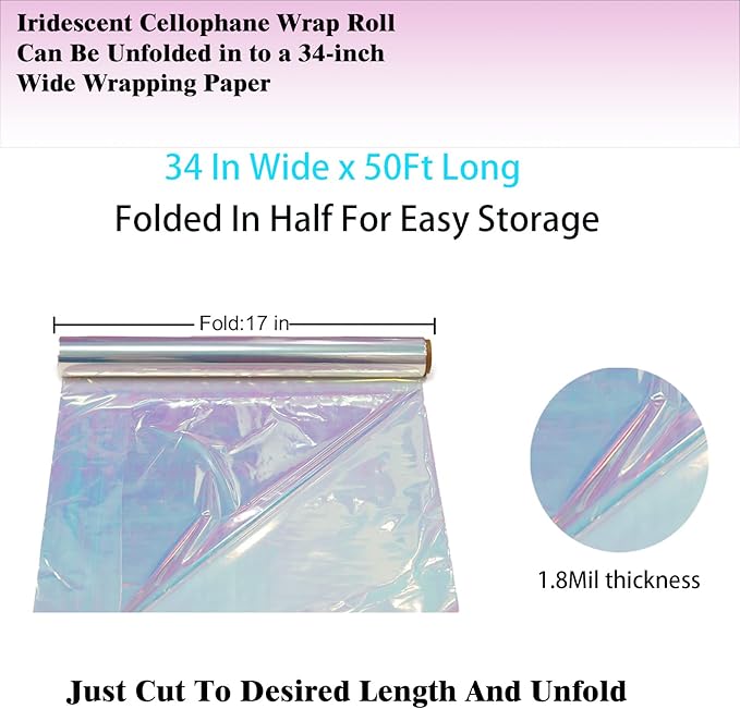 CMFYHM Iridescent Cellophane Wrap Roll I 34 In X 50 Ft I Iridescent Film,rainbow cellophane roll For Baskets,Gifts, Treats,Birthday Wedding Floral, Party Arts Crafts Decoration (Blue)