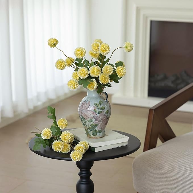 mizii 6Pcs Yellow Fake Silk Pompon Mum Artificial Flowers Bulk Small Faux Chrysanthemums with Stems Realistic Floral Decorations for Wedding DIY Bouquet Centerpieces Shower Vase Home Decor (Yellow)