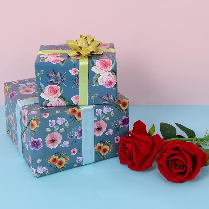 Aimyoo Blue Floral Wrapping Paper Jumbo Roll 17 in x 60 ft, All Accasion Pink Flower Gift Wrap for Wedding Birthday Bridal Shower