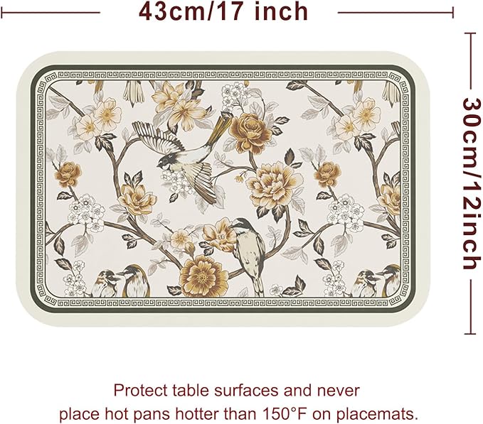 ISAENNE PVC Placemats Set of 6,Rectangular Flower and Bird Print Placemats, Waterproof and Heat-Resistant Place Mats,Decoration for Kitchen, Dining, Parties, Holiday,12"*17"