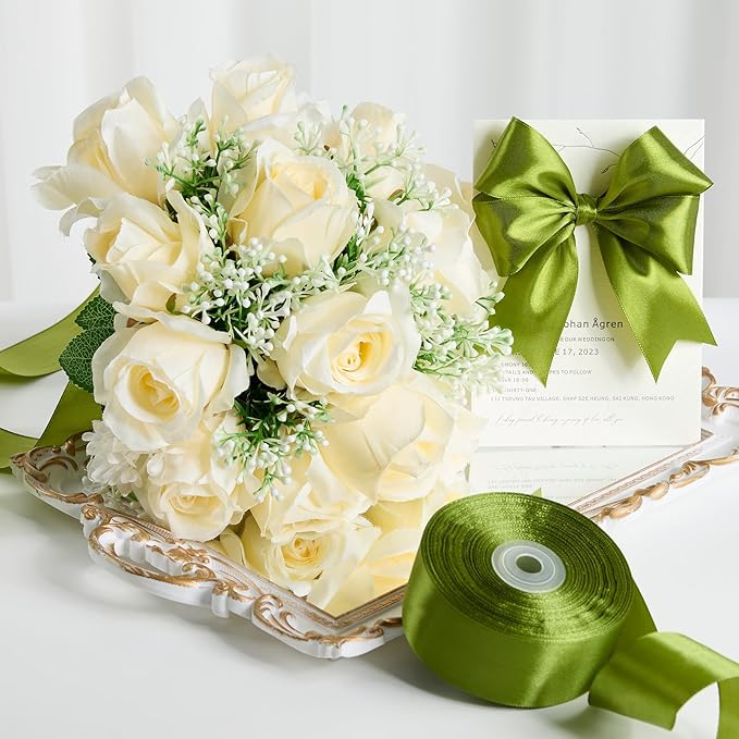 1-1/2 Inches 100 Yards Olive Green Satin Ribbon, Ribbon Roll for Flower Bouquets, Gift Wrapping, Wedding, Handmade Crafts