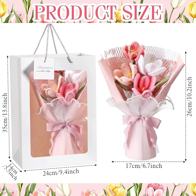 Juinte Crochet Flowers Bouquet Gift Christmas Crochet Flower Tulips Completed Handmade Knitted Bouquet with Card for Women Girlfriend Lover Appreciation Gift Birthday Wedding Teacher Decor(Pink)