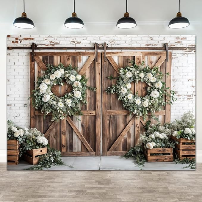Rustic Barn Door Photography Backdrops, White Flower Wood Brown Barn Door Backdrop, Wedding Birthday Party Decors Photo Booth Props 20x10ft