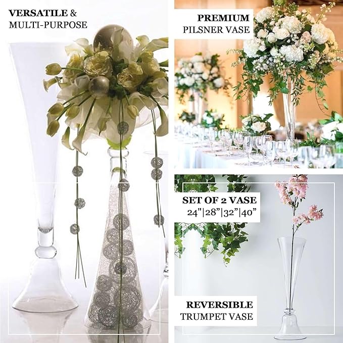 Efavormart 1PC 40" Clear Reversible Clarinet Glass Trumpet Vase, Tall Glass Vases Wedding Event Home Decor