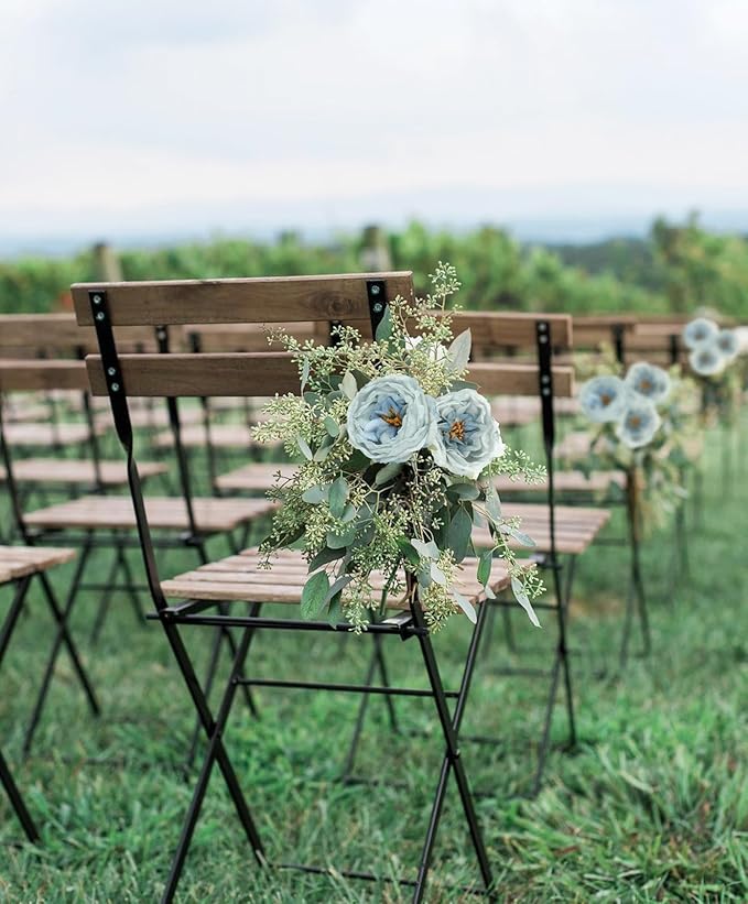 16pcs Silk Rose Head Light Blue Austin Roses Vintage Burnt Flower Artificial Flower Head with Stems for DIY Flower Wedding Bouquets Centerpieces Home Decoration (Light Blue)