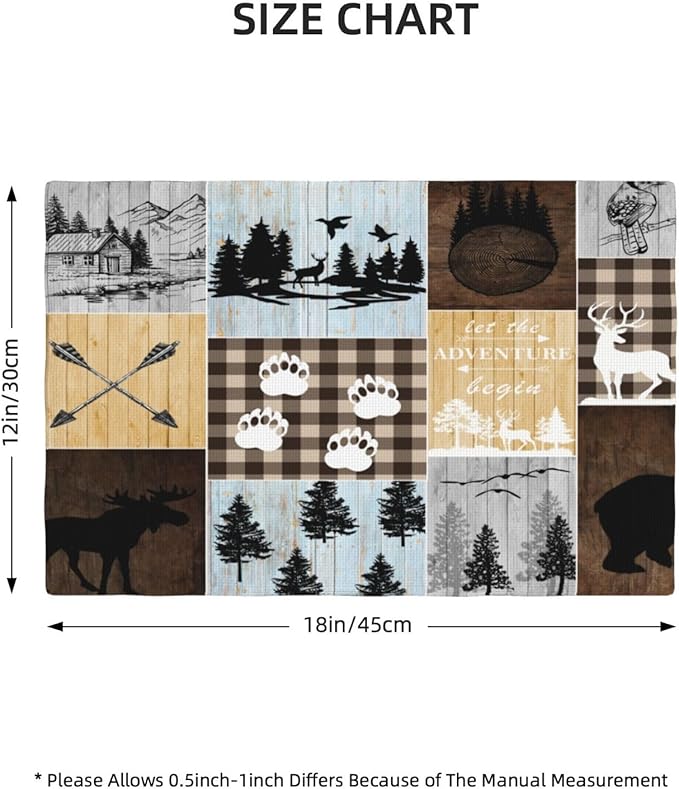 Rustic Lodge Bear Deer Placemats 4 Pcs,Vintage Cabin Pine Cone Plaid Place Mats,Linen Dining Table Mats Home Kitchen Decor, 18 X 12 Inch 4 PCS, Style-22