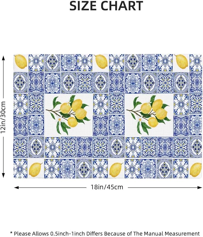 Lemon Table Placemats Set of 6 Blue Tile Print Linen Placemats for Indoor Outdoor Party Home Desktop Kitchen Dining Room Decor 12x18 Inch