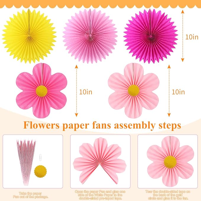 zilue Paper Fans Party Decorations Paper Flowers Decorations for Wall Classroom Floral Backdrop Baby Shower Birthday Party Flower Wall Decor Pack of 11 Pink Orange Yellow