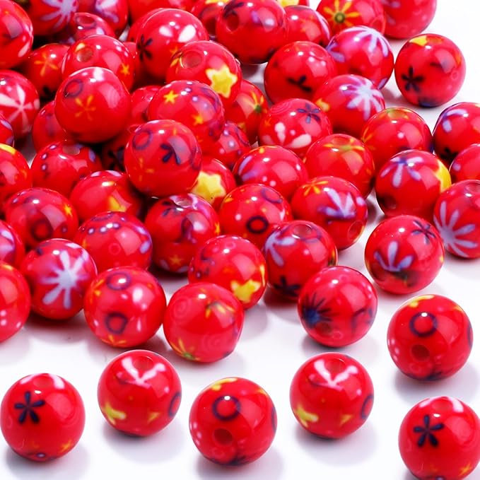 100 PCS 10mm Resin Beads Bulk for Bracelet Making Kit, Flower Printed Red Round Loose Beads for Jewelry Earring Necklace Rings Art Craft DIY Projects