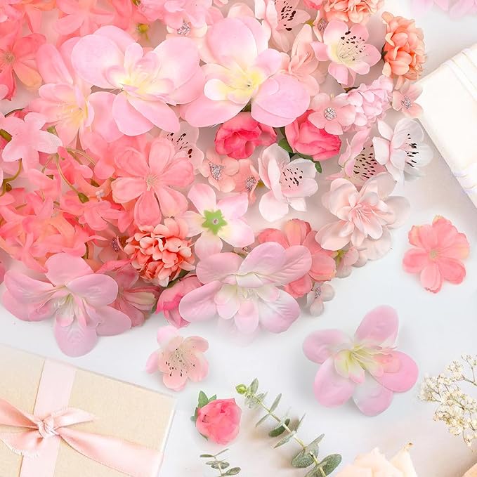 70 pcs Mini Artificial Flowers Heads Pink Silk Peony Daisy Rose Bulk Mix Flower Heads Faux Rose for Crafts Graduation Wedding Baby Shower DIY Home Party Decoration