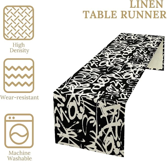 Graffiti Table Runner,Black White Abstract Messy Art Theme Pattern Print Tablecloth Burlap for Hotel Indoors Outdoor Dining Room Kitchen Home Decor,W13X L60 in