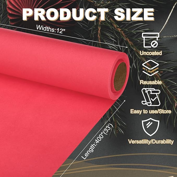 PATIKIL Wrapping Paper, 12"x400"(33') Bulletin Board Paper Roll Kraft Paper Roll Construction 80GSM for Shipping Packing Gift Wrapping Craft Flower Bouquet Christmas, Red