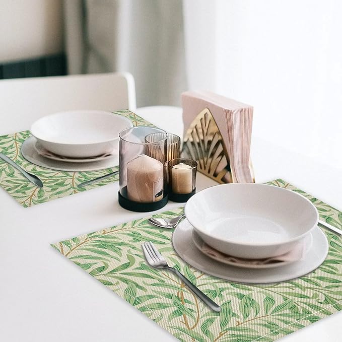 William Morris Vintage Botanical Placemats Set of 4, Retro Leaves Boho Plant Place Mats, Heat Resistant Non Slip Cotton Linen Dining Table Mats for Home Kitchen Party 18x12 Inch