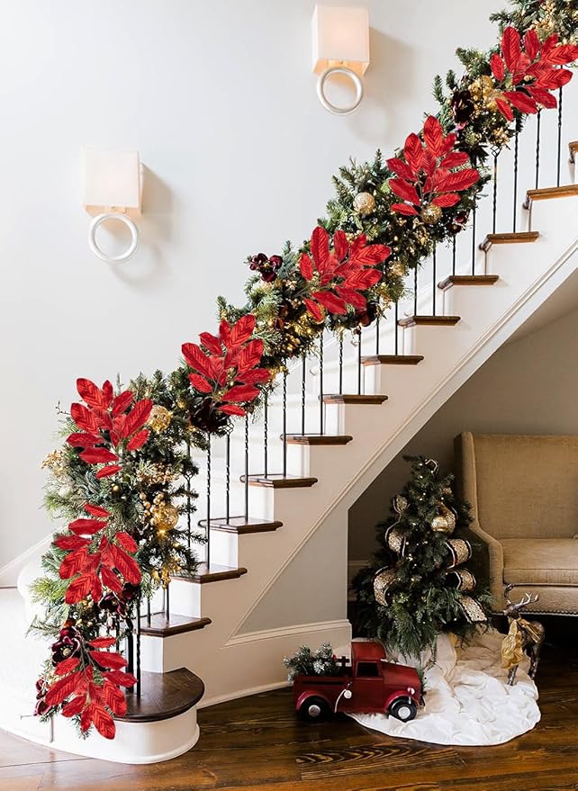 3pcs 31 inch Red Glitter Magnolia Leaf Sprays Artificial Christmas Tree Picks Sprays, Glittery Stem Ornaments for Christmas Tree Winter Wreath Swag Wedding Bouquet Centerpiece