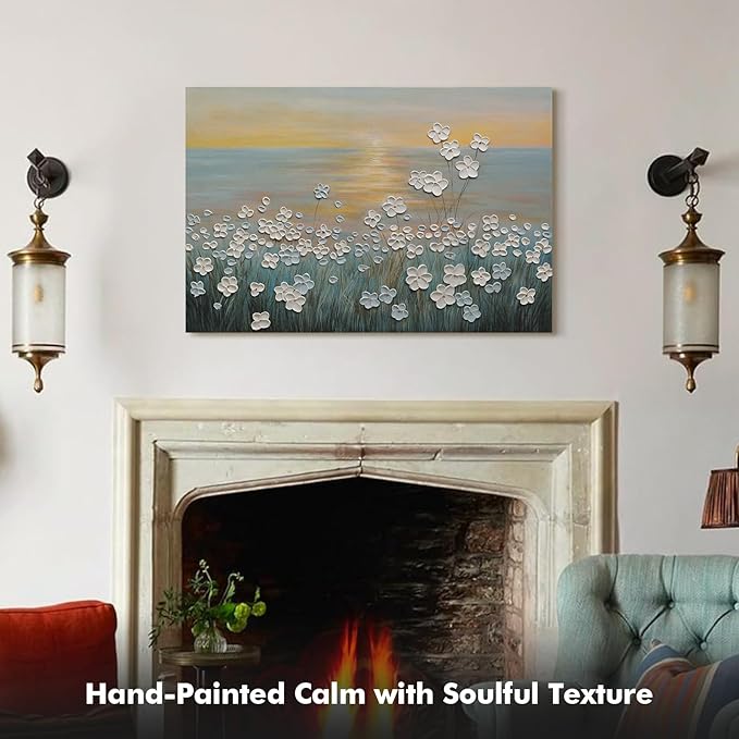 JUHOME Vintage Hand-Painted Thick Texture 3D White Flowers Abstract Oil Painting on Canvas Wall Art,Horizontal Sunset Beach Art Decor for Home Office Hall Wall Decorative,36x24