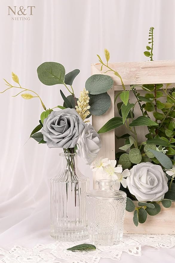 N&T NIETING Artificial Flowers, 25pcs Fake Flowers with Stems for Cake Decoration DIY Wedding Party Baby Shower Decoration, Silver White and Silver Grey