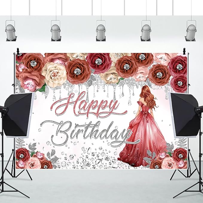 AOFOTO Happy Birthday Backdrop Red Beige Pink Rose Floral Diamond Print Photography Background for Women Girls Birthday Party Banner Home Wall Decor Photo Studio Booth Props 8x6ft