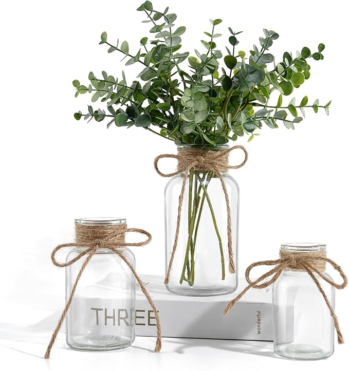 Vintage Glass Vases for Flowers, Set of 3 Clear Vases for Farmhouse Wedding Centerpiece Cylinder Bottle for Reception Table Decor Housewarming Birthday Floral Arrangements (S+M+L)