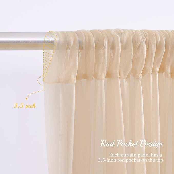 10x8ft Champagne Tulle Backdrop Curtain with Lights String for Parites, Sheer Backdrop Curtains for Wedding Baby Shower Birthday Party Photo Shoot Decorations