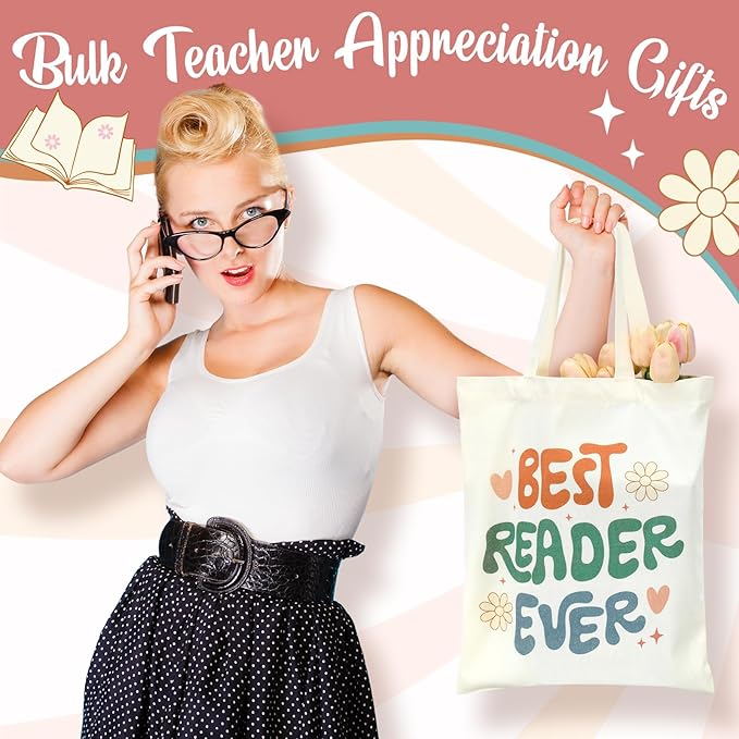 Sweetude 8 Pcs Christmas Book Lovers Club Gifts Bulk Canvas Tote Bags Bookish Librarian Reader Gift for Women Teacher Present(Retro)