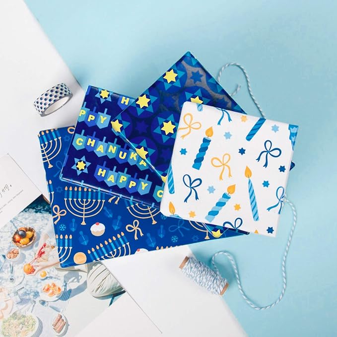 WRAPAHOLIC Hanukkah Wrapping Paper Set - Menorahs, the Star of David, Candles Design Chanukah Wrapping Paper Bundle with Gift Bow & Ribbon & Tag & Sticker