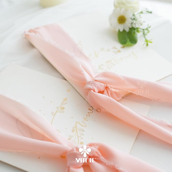 MEEDEE Blush Chiffon Ribbon 3 Inch Fringe Ribbons Pink Chiffon Silk Frayed Edge Ribbon Wide Chiffon Ribbons for Crafts, Flower Bouquet, Wedding Favors Wrapping (2 Rolls 10 Yards)