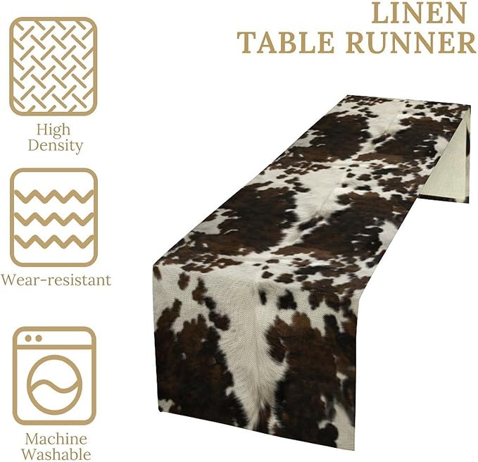 Cow Print Table Runner, Brown Cowhide Print Western Style Table Runner Country Farmhouse Cottage Cow Patten Table Decoration for Home Kitchen Dining, 13x90 Inch