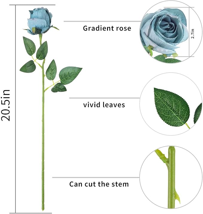 Flojery 10pcs Artificial Rose Flowers Long Stem Fake Silk Roses for DIY Wedding Bouquet Table Centerpiece Home Decor (Blue)