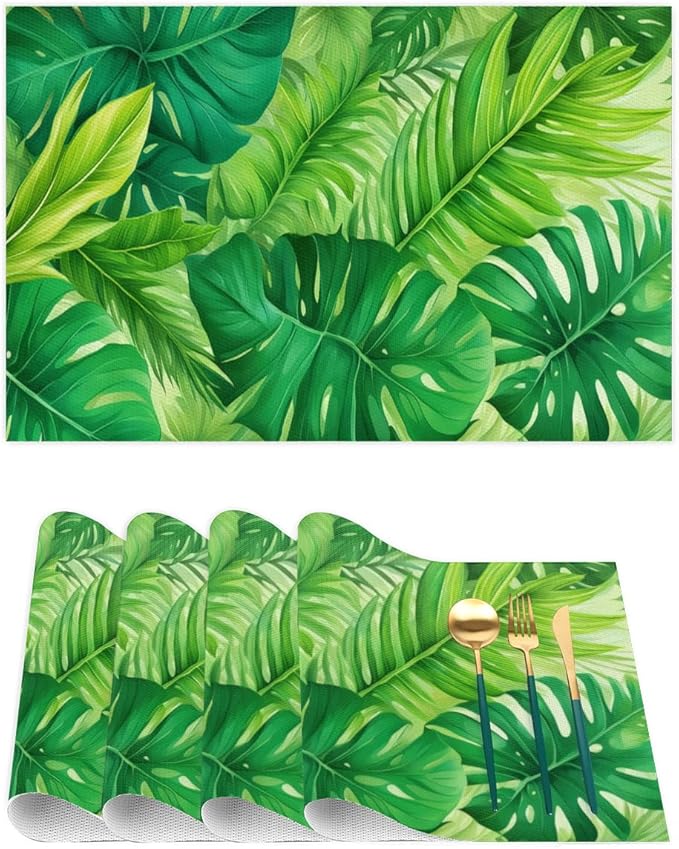 Green Summer Palm Leaf Placemats Set of 4 PVC Vinyl Non Slip Table Mats Waterproof Heat Resistant Place Mats Washable Wipeable Dining Table Mat for Kitchen Party Indoor Outdoor Decorative
