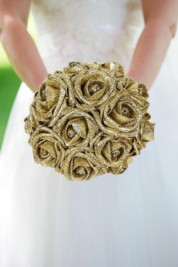 Gold Glitter Roses 30pcs Gold Roses 2.56" Glitter Flowers Artificial Roses with Stems for Centerpieces Wall Decorations Wedding Ceremony Bridal Shower Table Floral Arrangement (Gold)