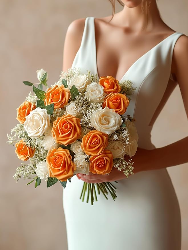InnoGear Artificial Flowers, 50 Pcs Orange Rose Foam Fake Roses Bulk with Stems for Autumn Fall Decoration DIY Wedding Bouquets Centerpieces Bridal Shower Party Christmas Tree